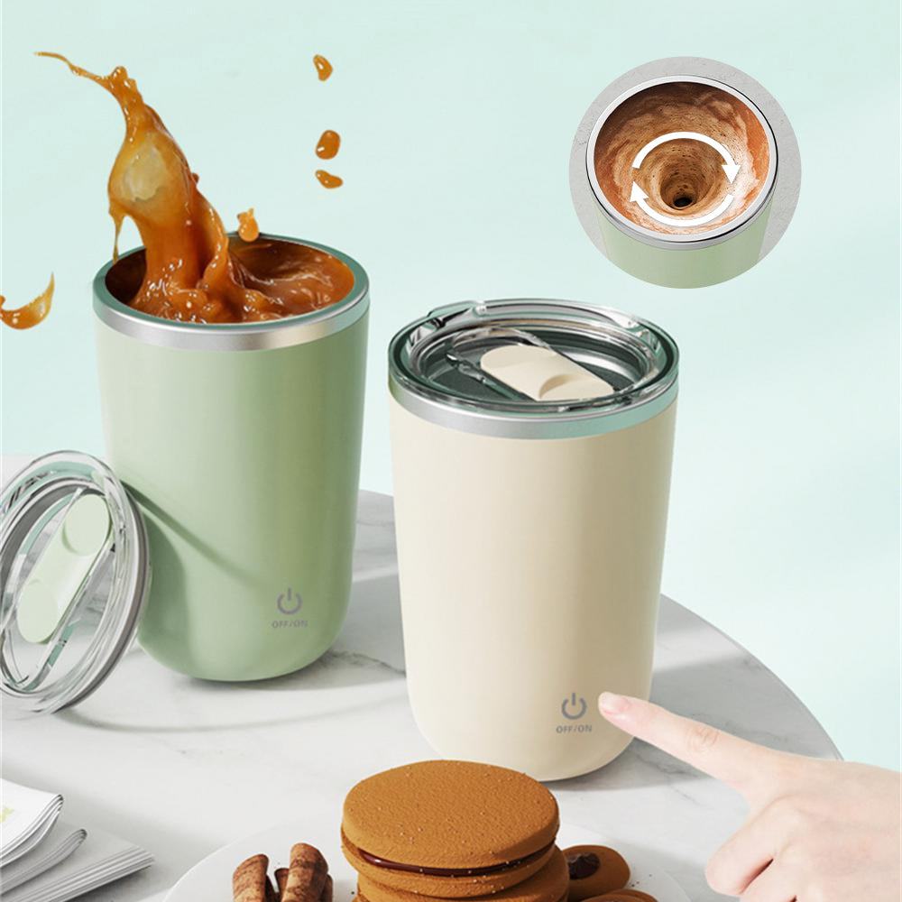 Caneca elétrica giratória automática de 350ml para misturar café, leite e sumo, em aço inoxidável, com íman.