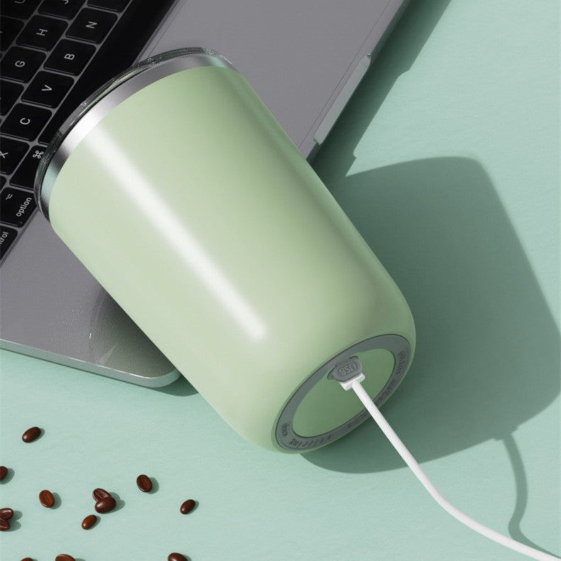 Caneca elétrica giratória automática de 350ml para misturar café, leite e sumo, em aço inoxidável, com íman.